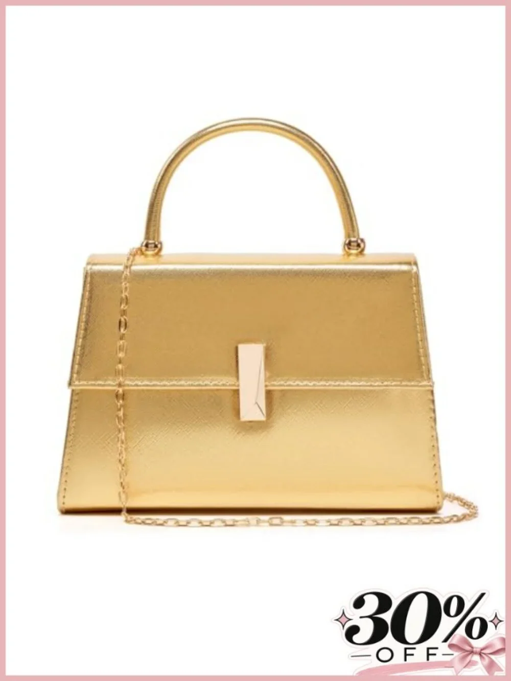 PU Leather Evening Clutch Top Handle Purse with Gold Metal Clasp Detachable